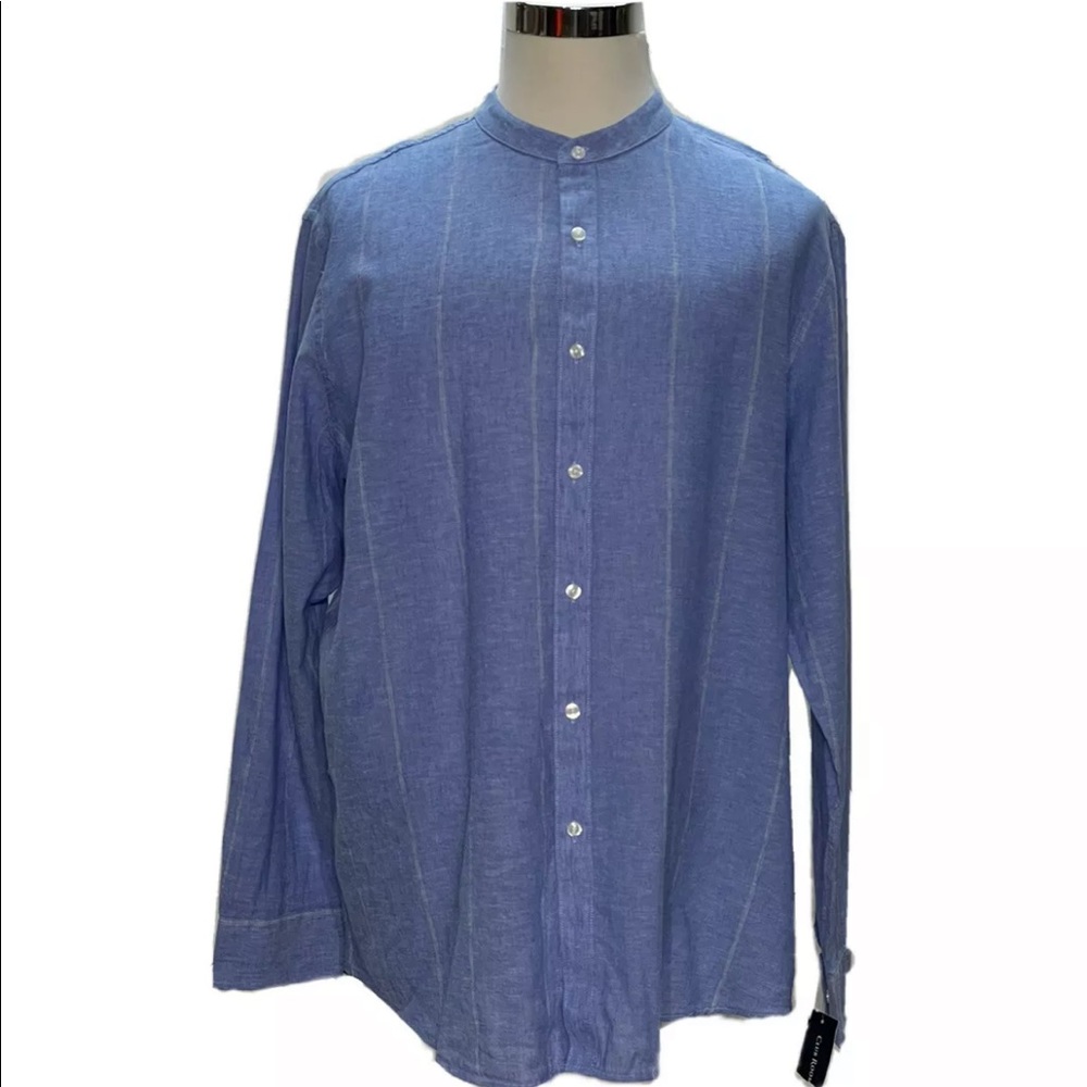 Club Room Mens Striped Shirt Size 2XL Blue Band Neck Button Front Linen Cotton